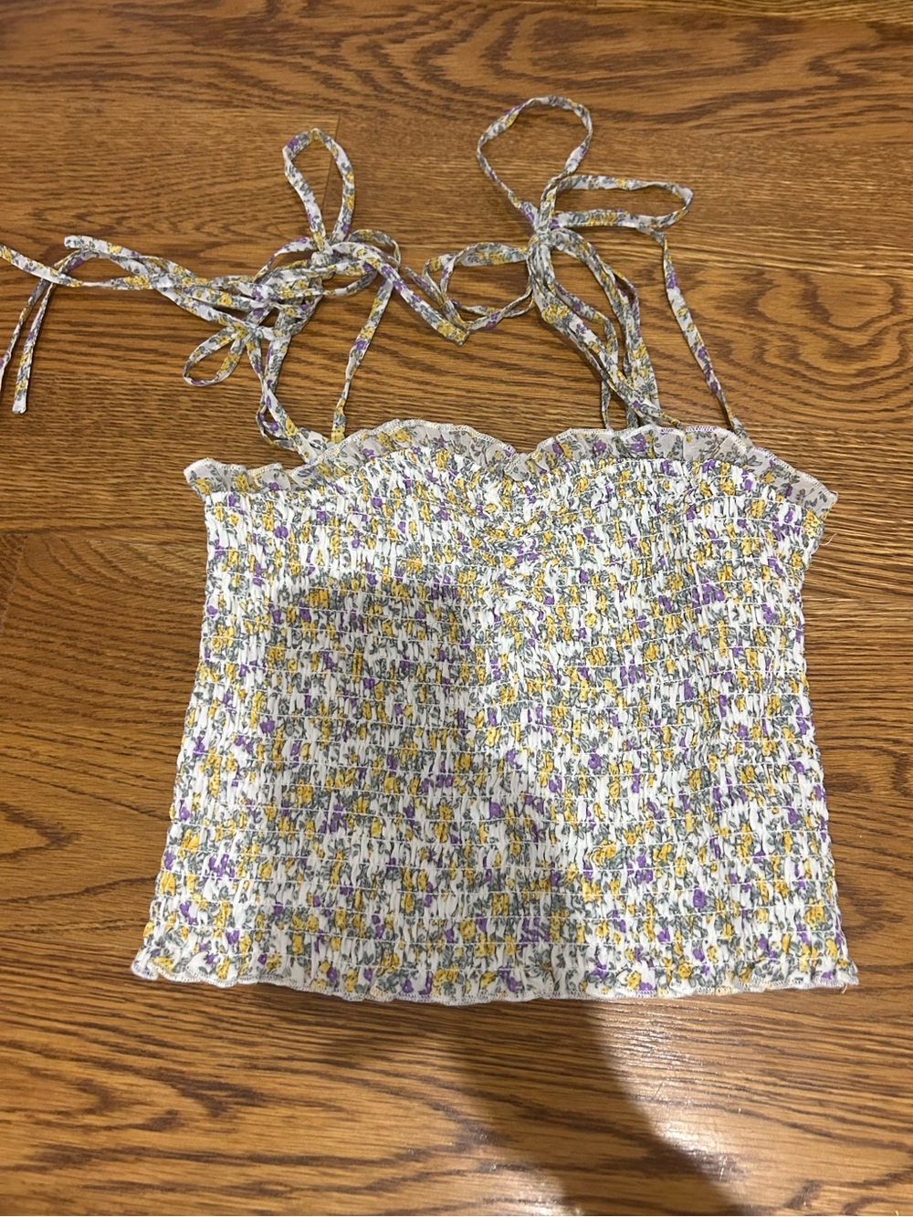 Katie J NYC Tween Smocked Floral Tie-Strap Crop Top - Size Large